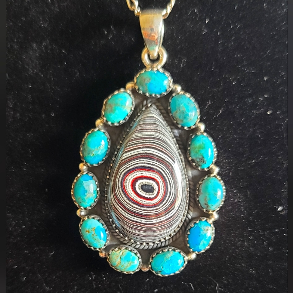 Gorgeous Turquoise And Fordyte Solid Sterling Silver Pendant